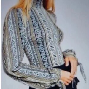 FREE PEOPLE DONATELLA MOCK TURTLENECK LONG SLEEVE MULTI PATTERN TOP BLOUSE SZ L